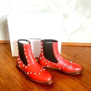 Authentic BALENCIAGA Rouge Groseille Studded Leather Ankle Boots (Size 40)